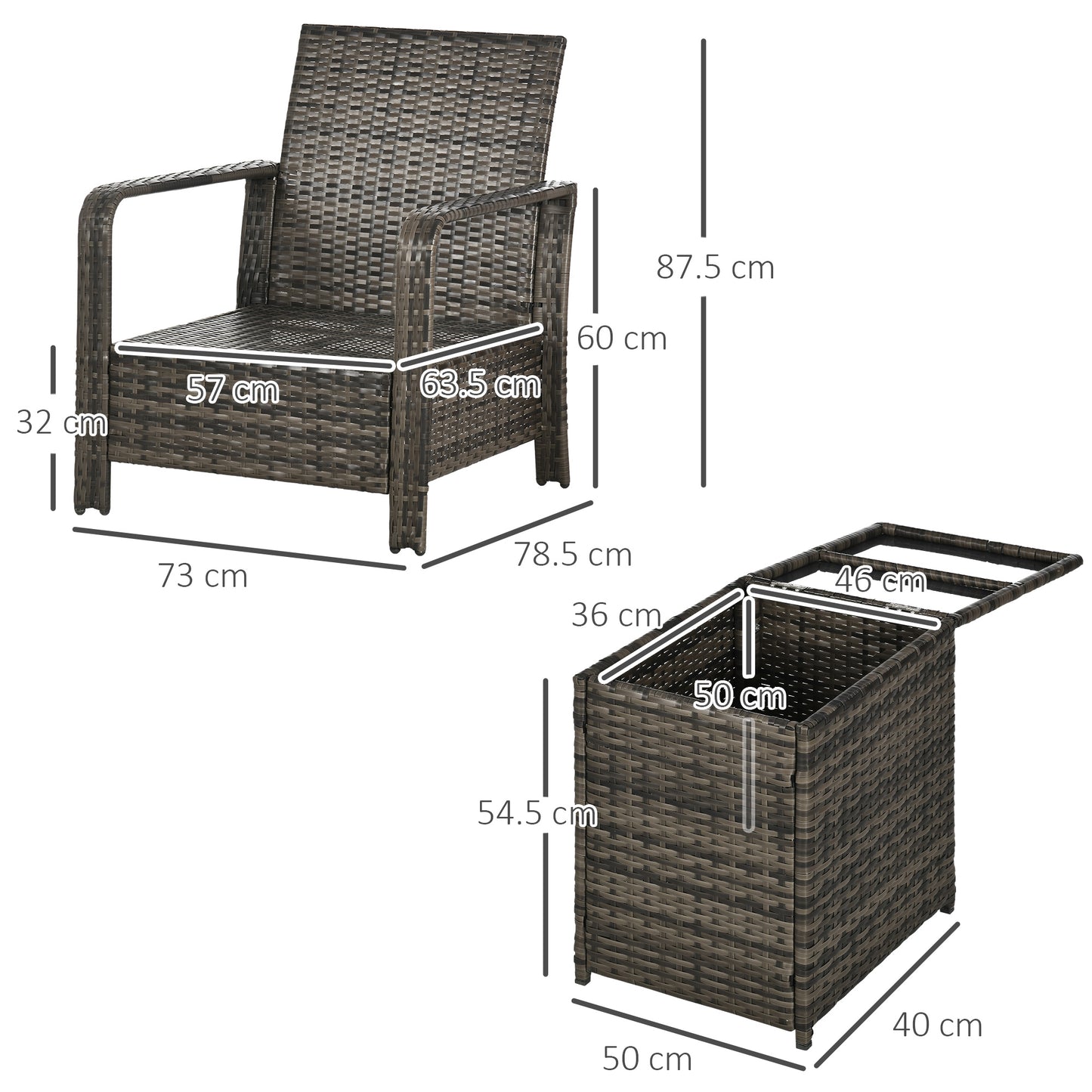 Ziha Rattan Grey 3 Piece Bistro Set With Storage Coffee Table And Cushioned Chairs