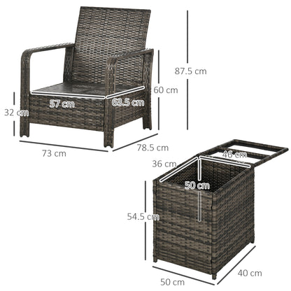 Ziha Rattan Grey 3 Piece Bistro Set With Storage Coffee Table And Cushioned Chairs