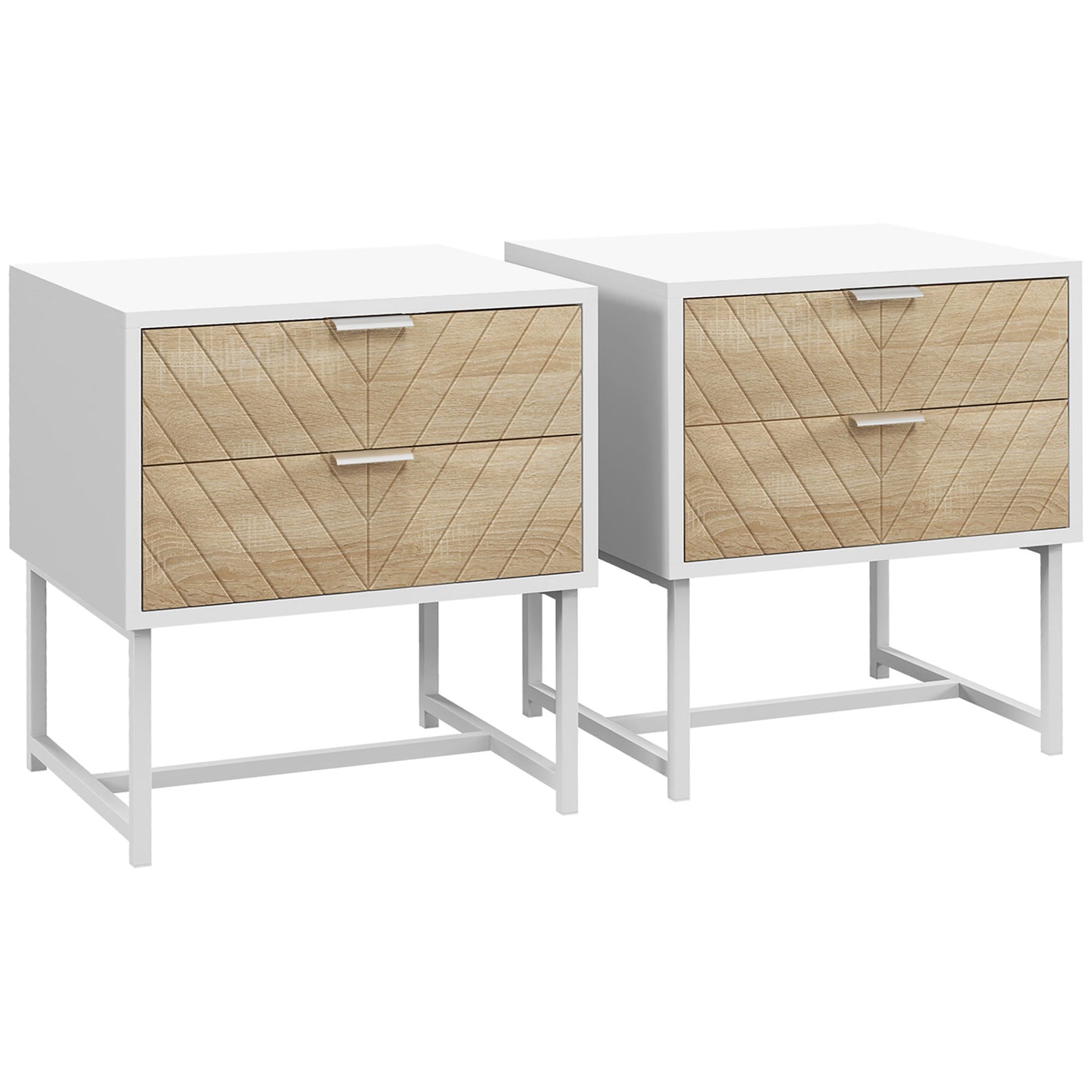 Filu Reno Set Of 2 Wooden White And Natural Chevron Bedside Tables With 2 Drawers