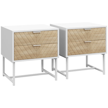 Filu Reno Set Of 2 Wooden White And Natural Chevron Bedside Tables With 2 Drawers