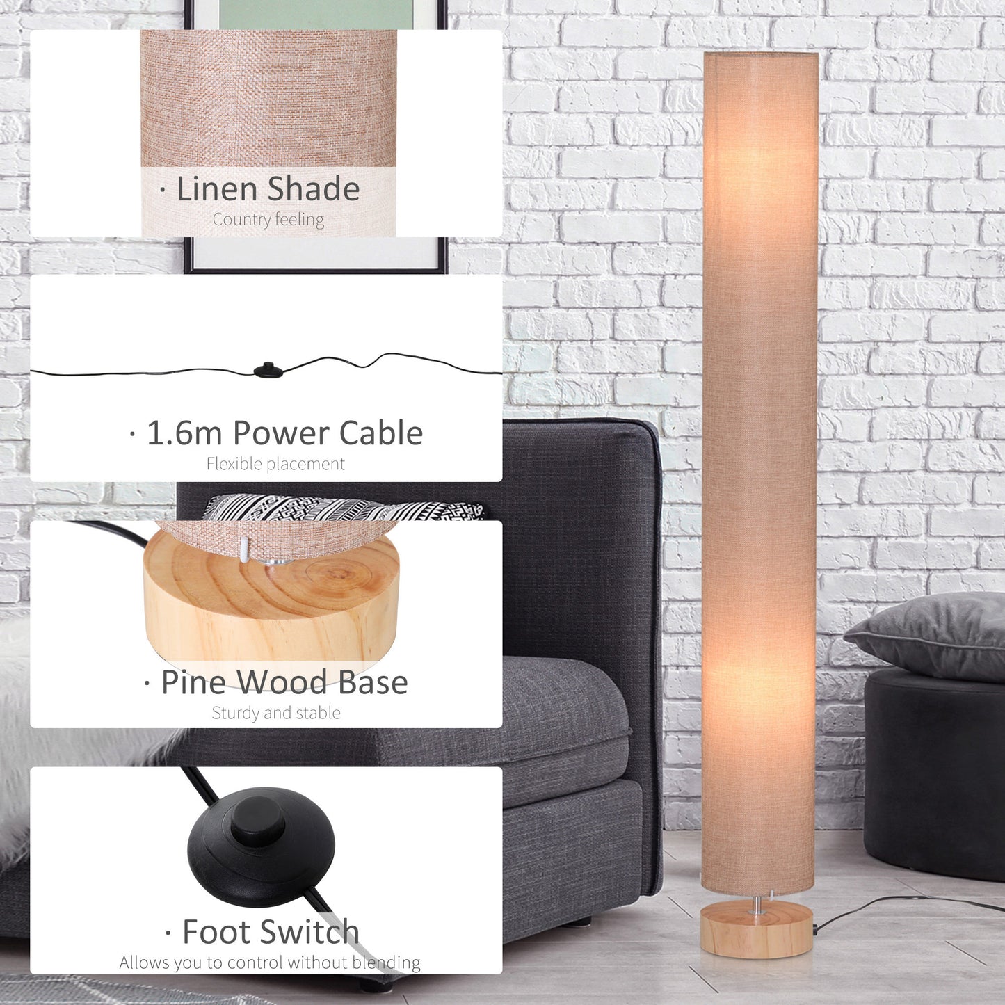 Vivera Wood And Fabric Cream Modern Floor Lamp With Linen Shade 120cm