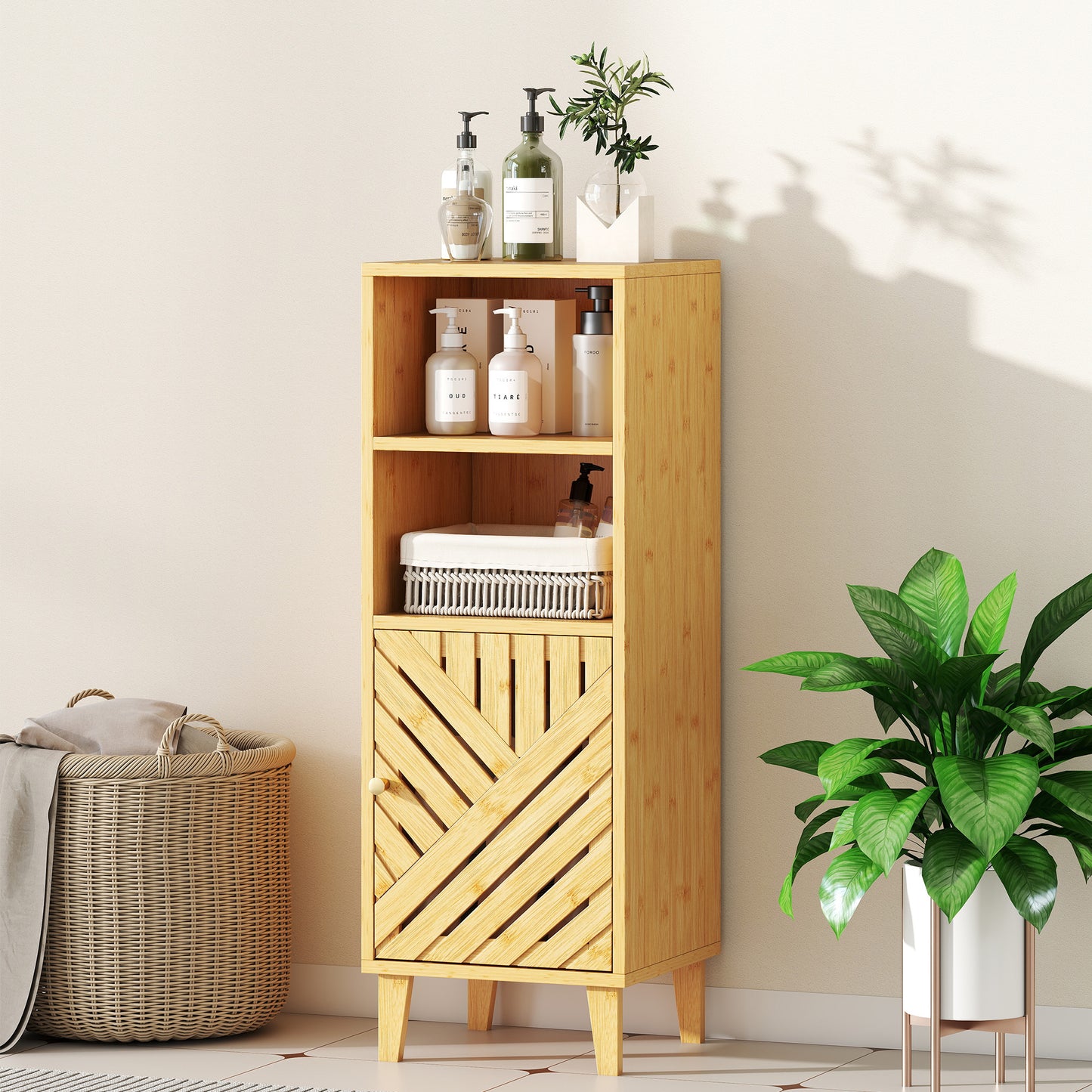 Mire Slim Freestanding Bathroom Storage Cabinet With Bamboo Door Legs And OFauxn Compartments Natural Wood Finish