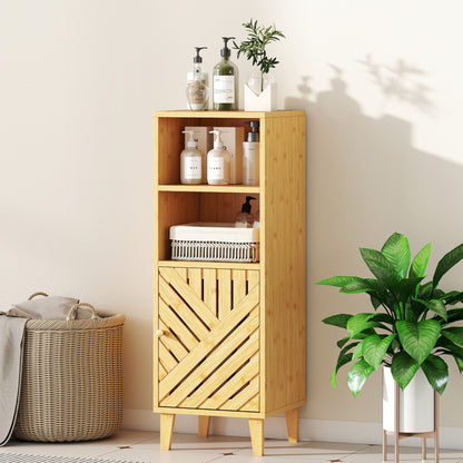 Mire Slim Freestanding Bathroom Storage Cabinet With Bamboo Door Legs And OFauxn Compartments Natural Wood Finish
