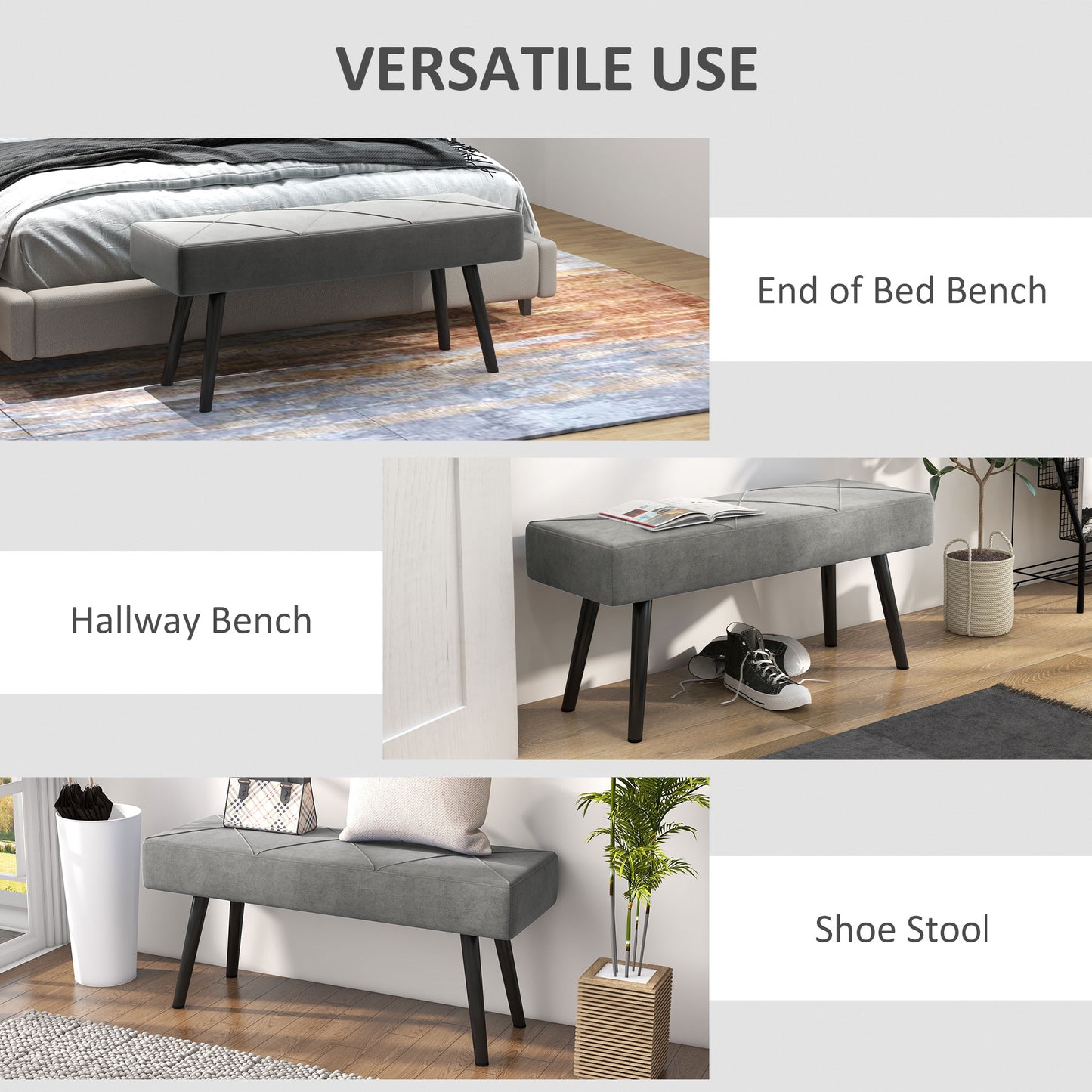 Mazuka Grey End Of Bed Bench With X Frame Black Metal Legs Geometric Pattern