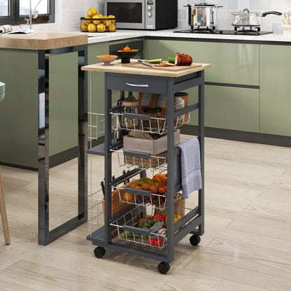 Nerake Metal Grey Rolling Kitchen Cart With 4 Basket Drawers And Side Racks