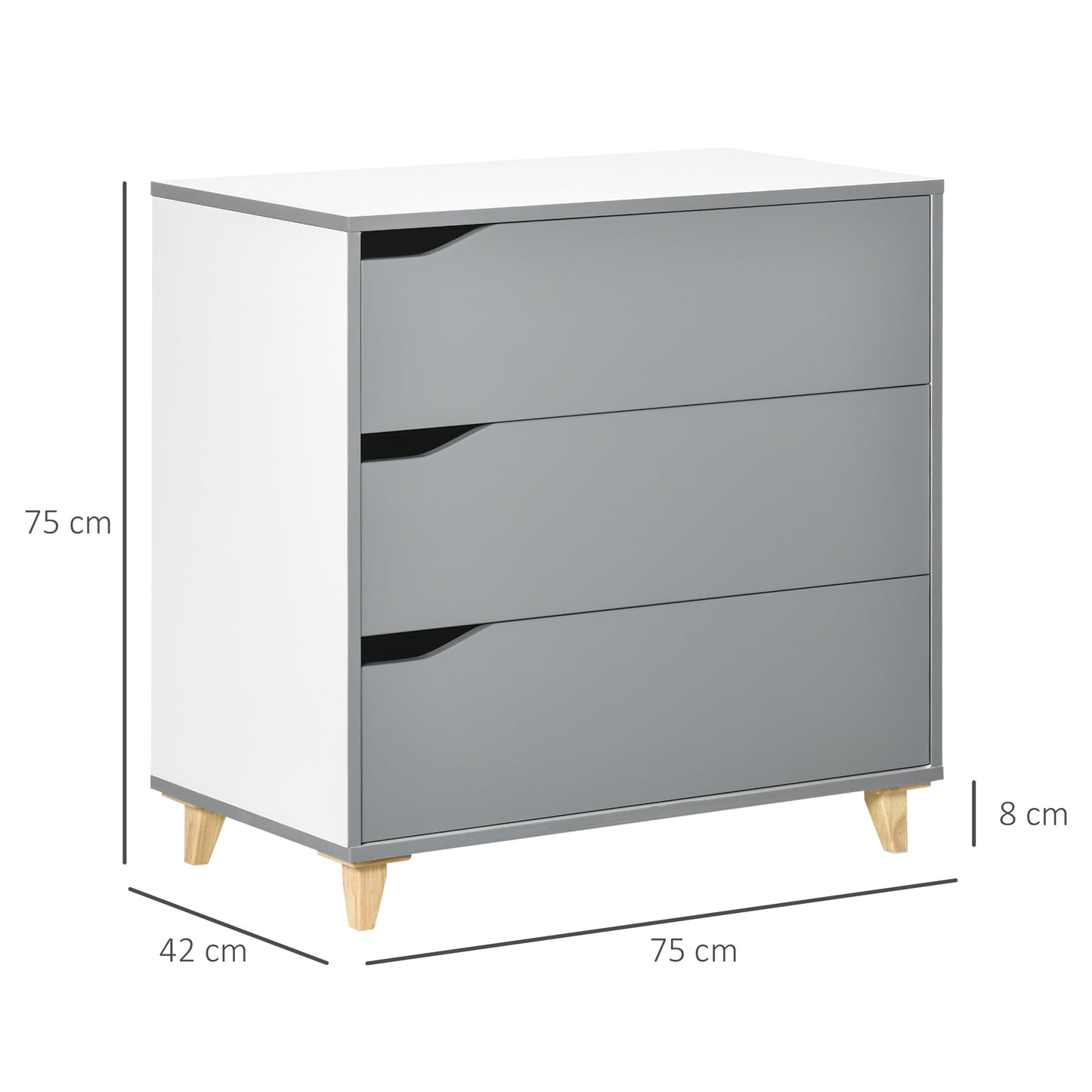 Thako Wood Grey 3 Drawer Chest With Natural Wood Angled Legs