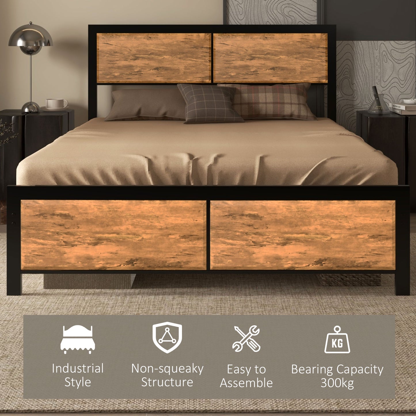 Sohala 4FT6 Industrial Metal Frame Double Bed with Headboard and Footboard