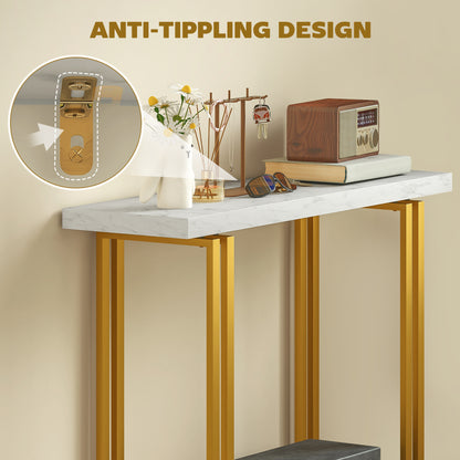 Mahota Metal And Faux Marble White Slim Entryway Console Table With Safety Bracing