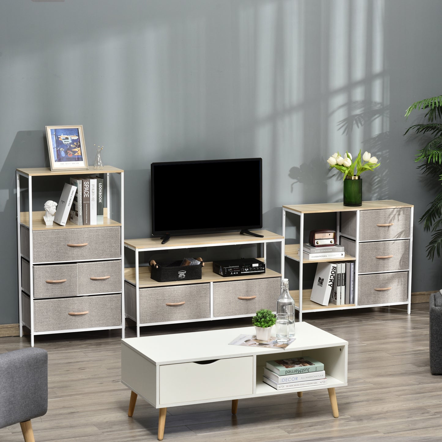 Pasaha White Metal and Natural Wood Storage Chest With 3  Grey Fabric Drawers and 2 Shelvess