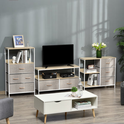 Pasaha White Metal and Natural Wood Storage Chest With 3  Grey Fabric Drawers and 2 Shelvess