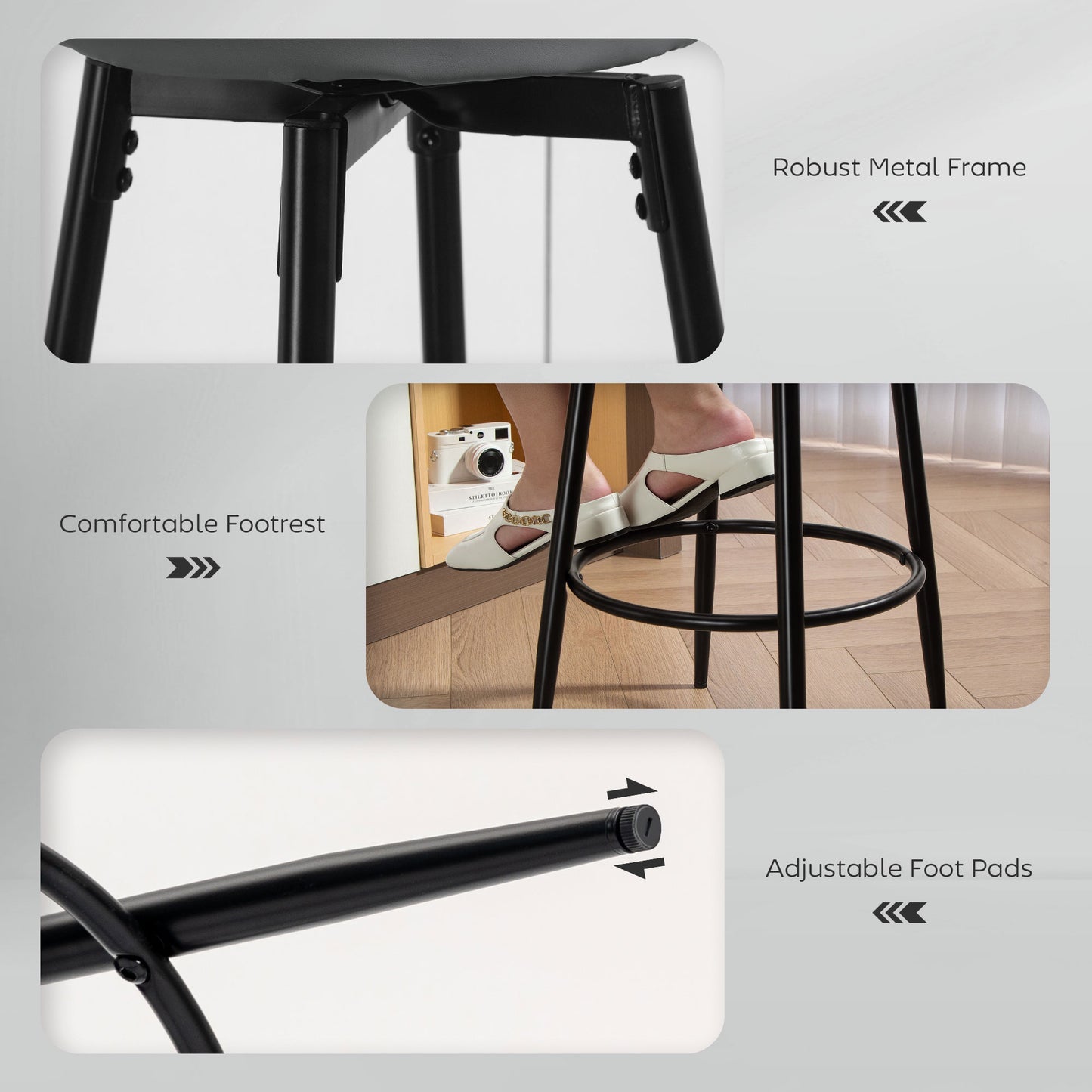 Relura Faux Leather Grey And Black Bar Stools Set Of 2 With Footrests