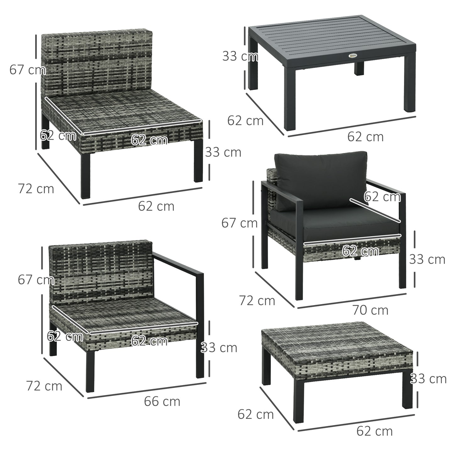 Fineno Rattan Dark Grey and Black 5 Seater Garden Sofa Set With Cushions