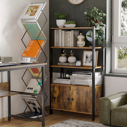 Reneco Vela Metal And Wood Rustic Brown 3 Tier Industrial Bookshelf With Doors