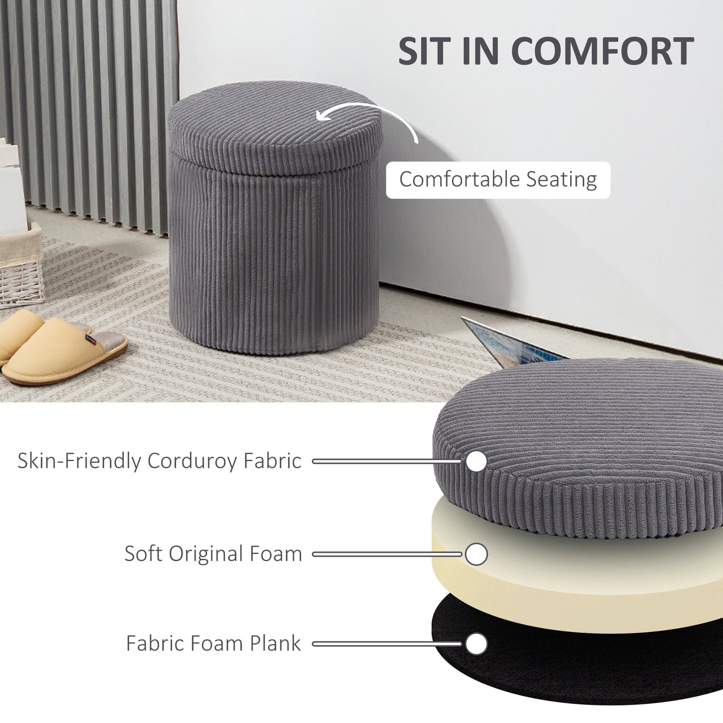 Yoluha Round Grey Corduroy Storage Footstool With Removable Lid