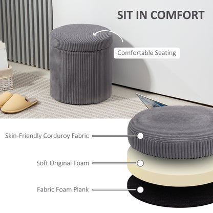 Yoluha Round Grey Corduroy Storage Footstool With Removable Lid