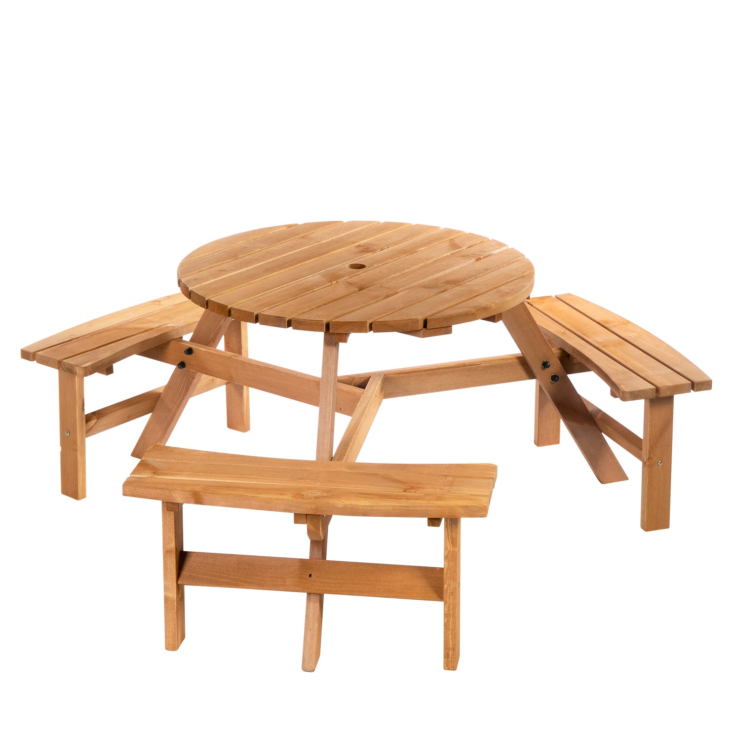 Bare Wood Brown Red 6 Seater Round Picnic Table With 3 Benches And Parasol Hole