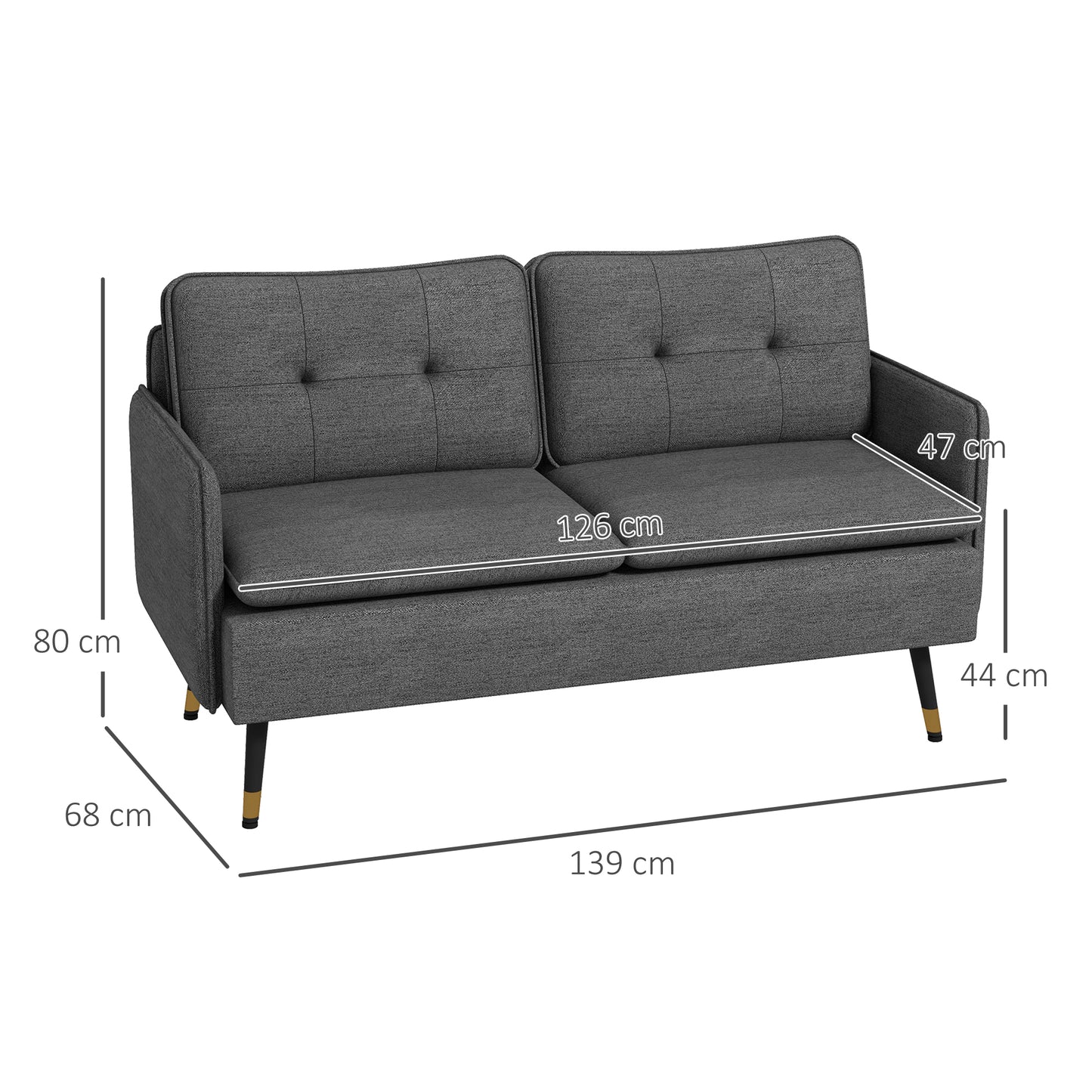 Luta Fabric Dark Grey Button Tufted 2 Seater Sofa With Cushions And Steel Legs