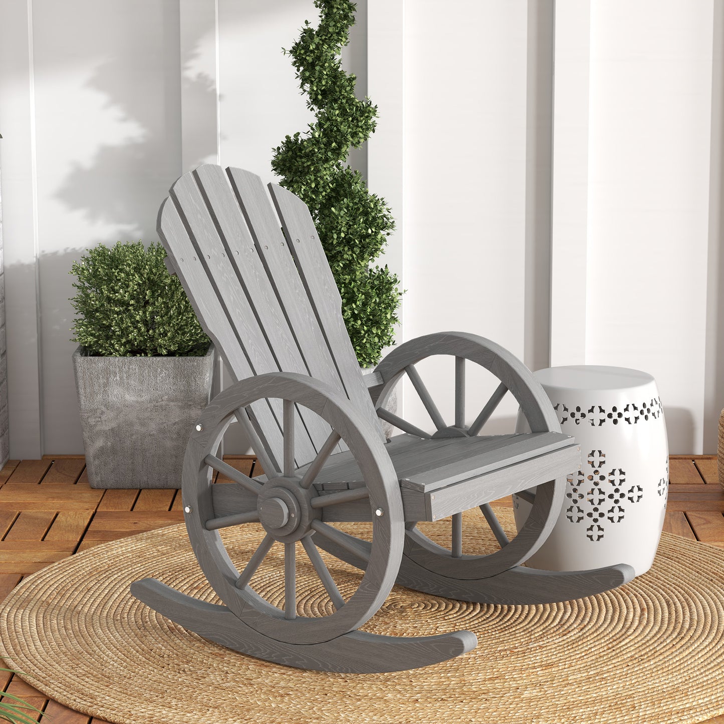 Elna Wood Grey Adirondack Style Outdoor Rocking Armchair With Reclining Back