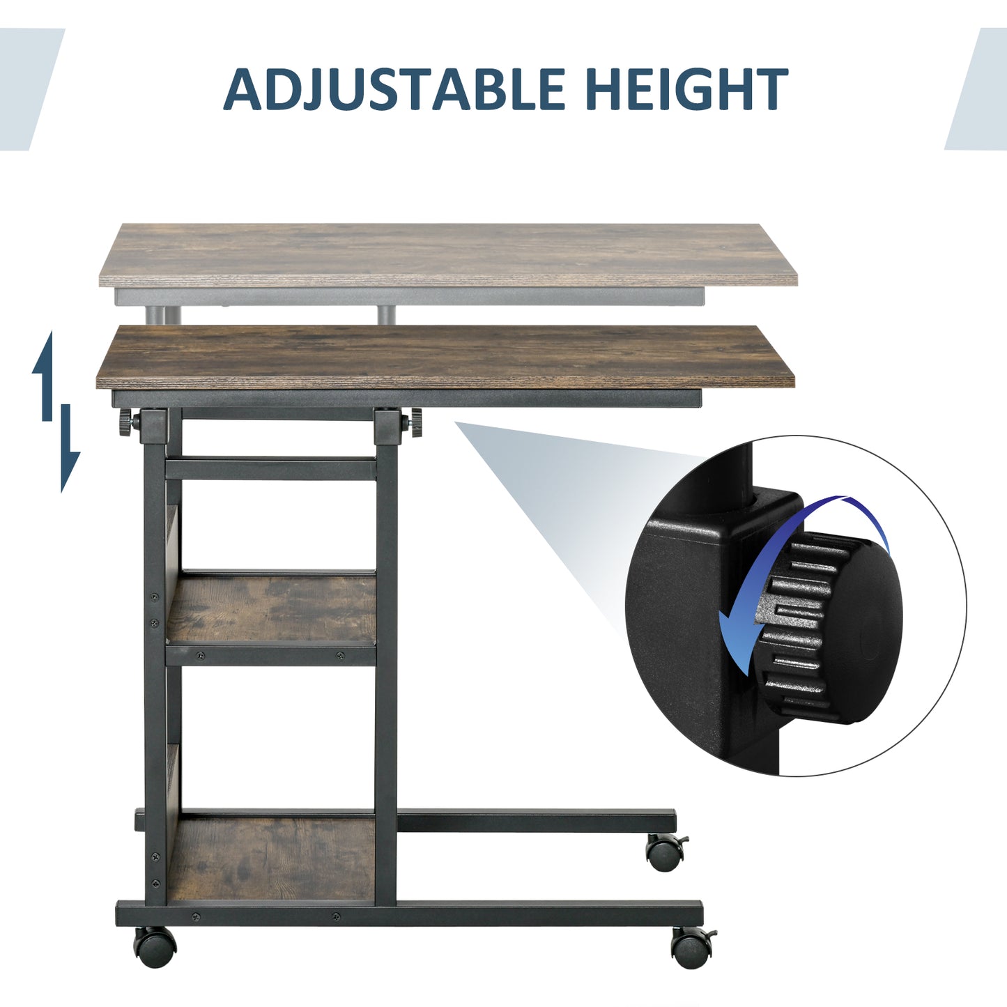 Comiro Metal Black Industrial Sofa Side Table With 3 Tier Shelves with Lockable Wheels