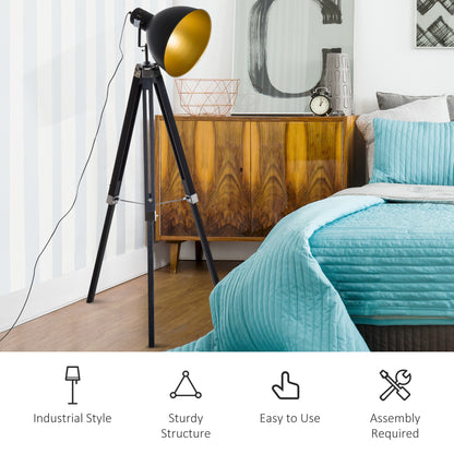 Cono Wood And Metal Black And Gold Adjustable Tripod Spotlight Floor Lamp