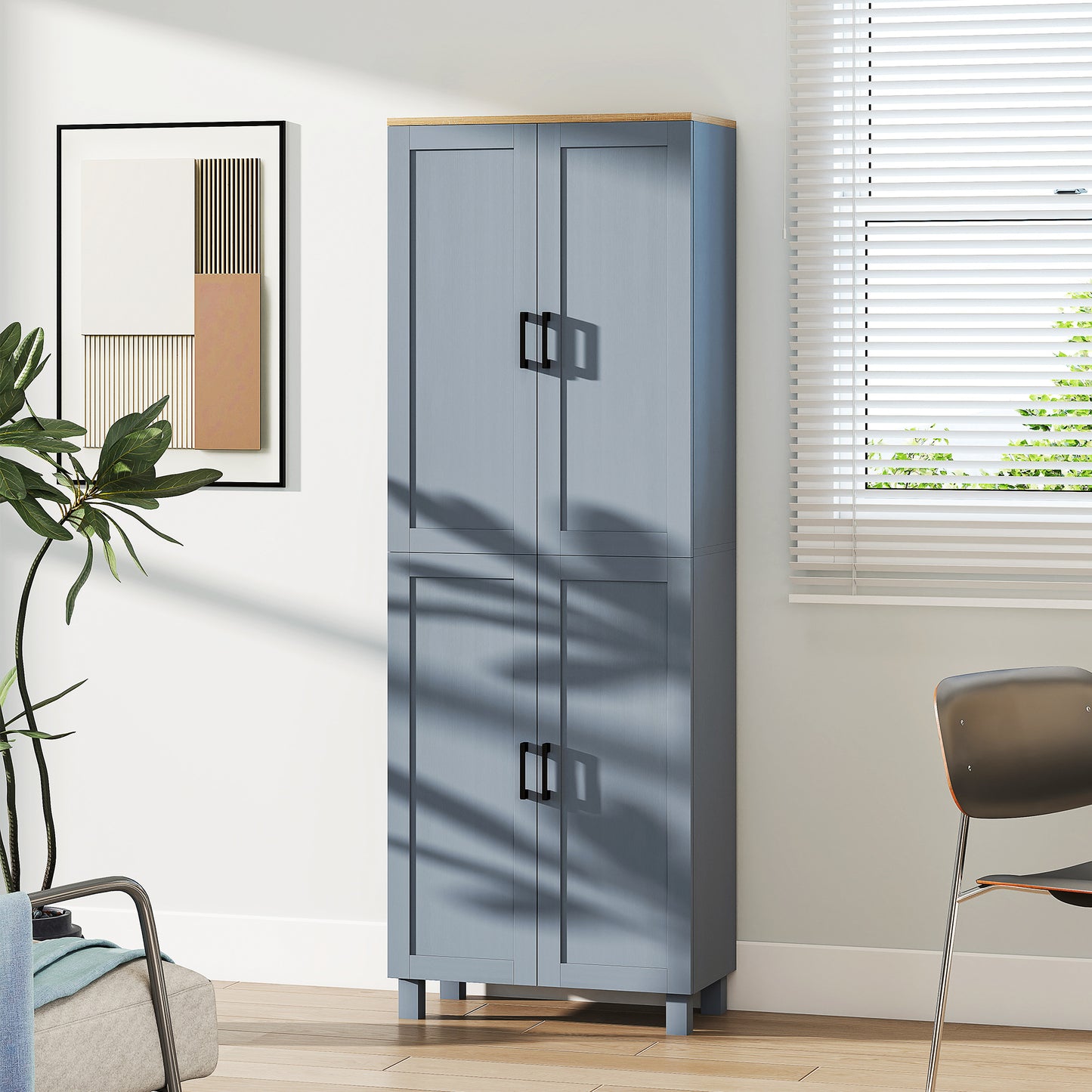 Parare 171cm Wooden Grey Wood Effect 4 Door Freestanding Kitchen Pantry Cabinet
