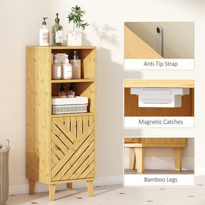 Mire Slim Freestanding Bathroom Storage Cabinet With Bamboo Door Legs And OFauxn Compartments Natural Wood Finish