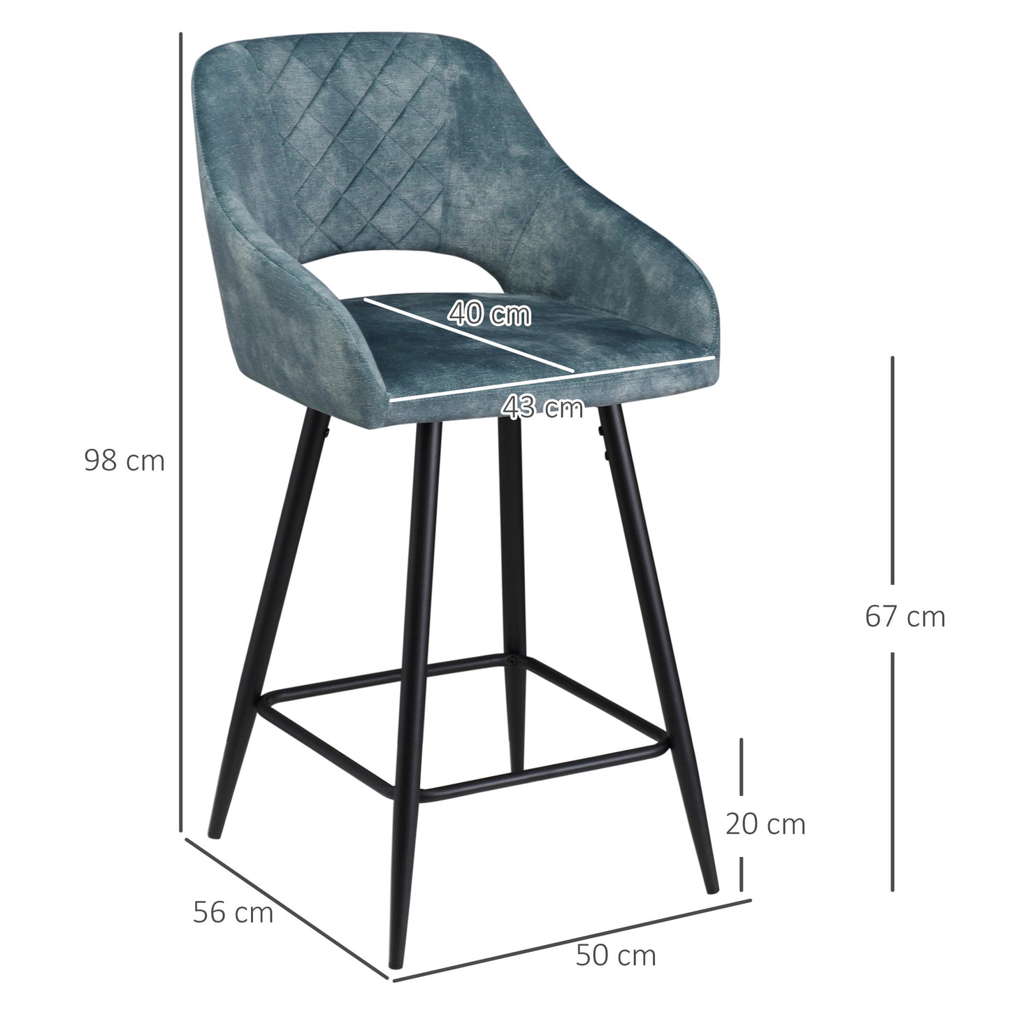 Lona Bale Set Of 2 Blue Velvet Fabric Counter H8 Bar Chairs With Steel Legs