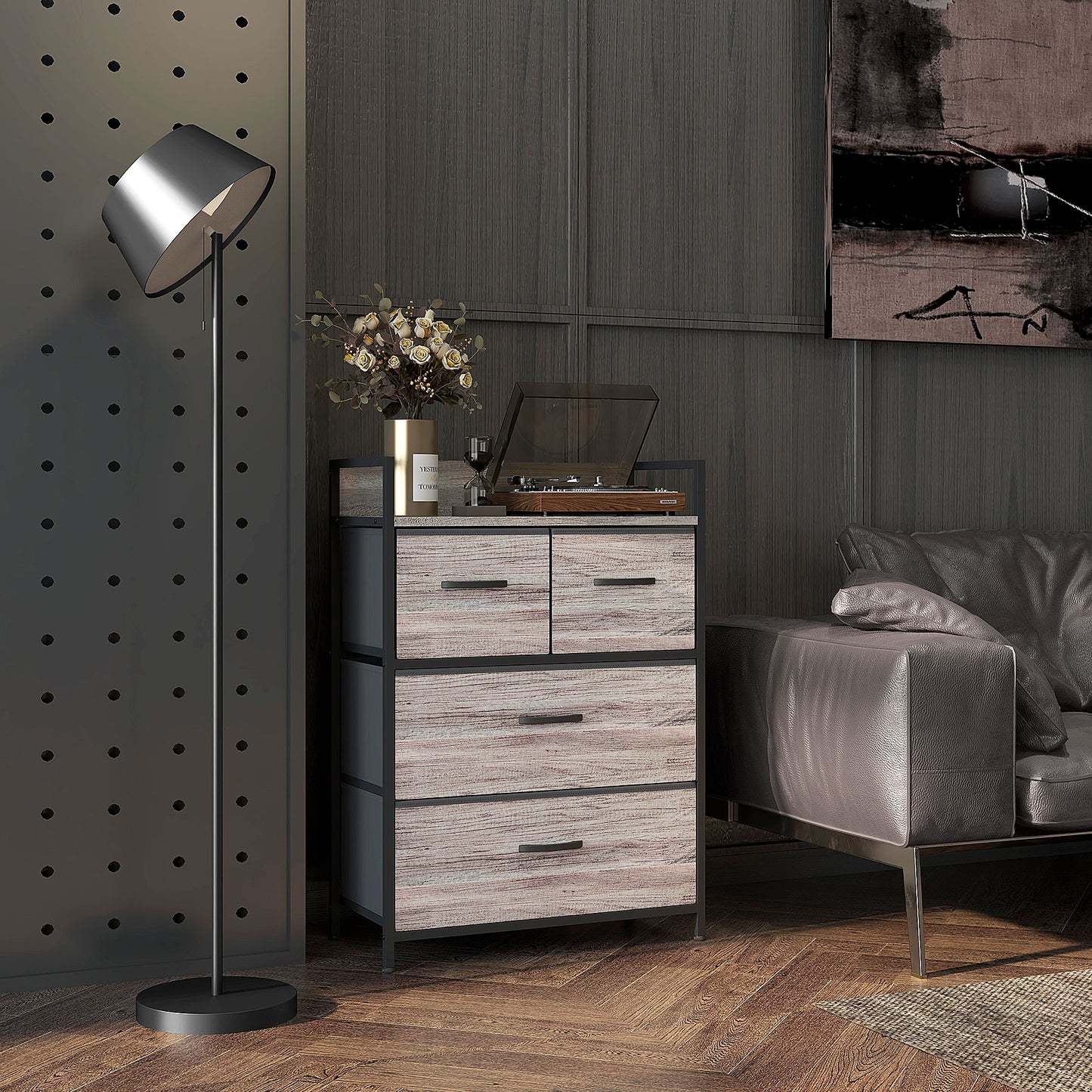 Doyo Elso Fabric And Wood Grey Wood Effect 4 Drawer Rustic Storage Chest