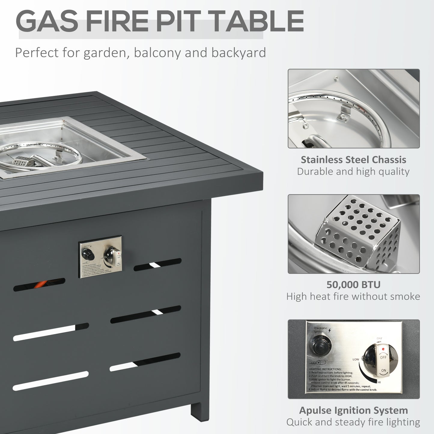 Mira 4 Seater Grey Aluminium Garden Furniture Set with Gas Fire Pit Table