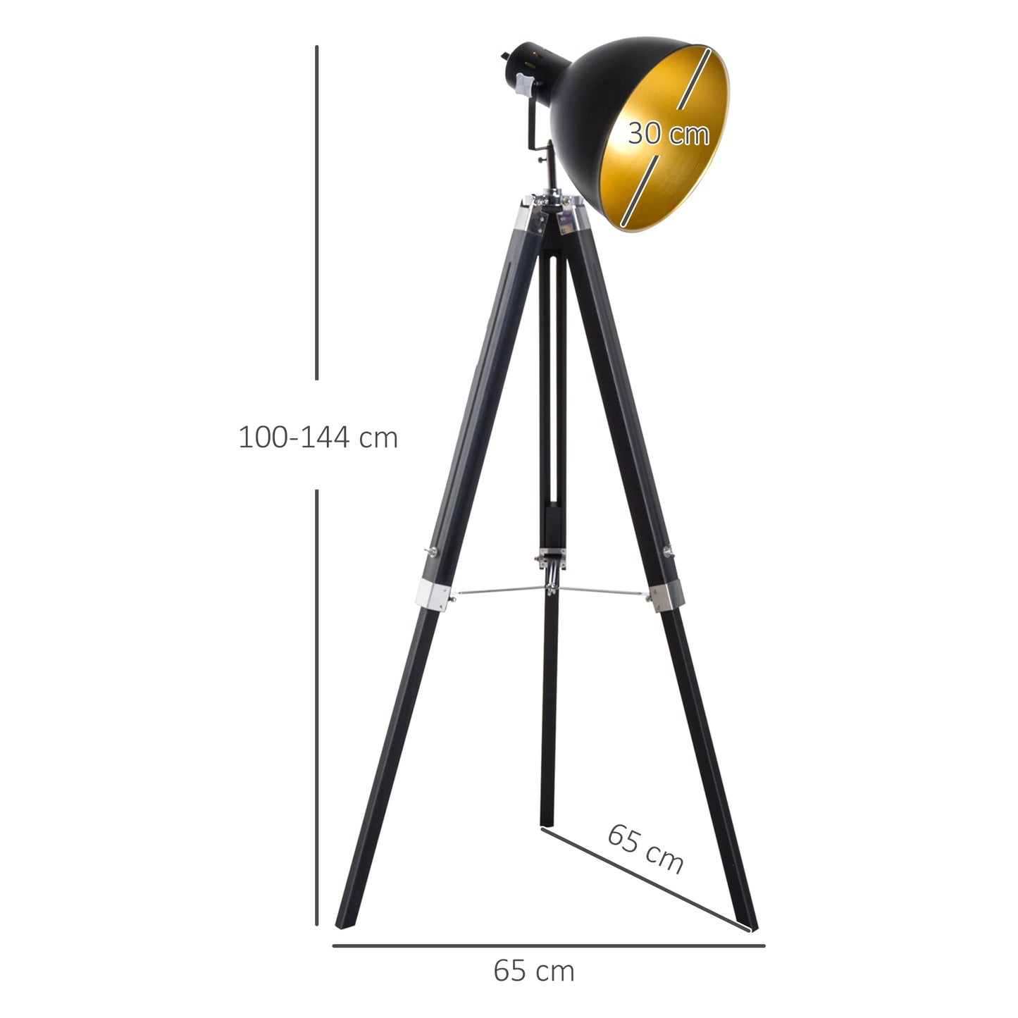Cono Wood And Metal Black And Gold Adjustable Tripod Spotlight Floor Lamp