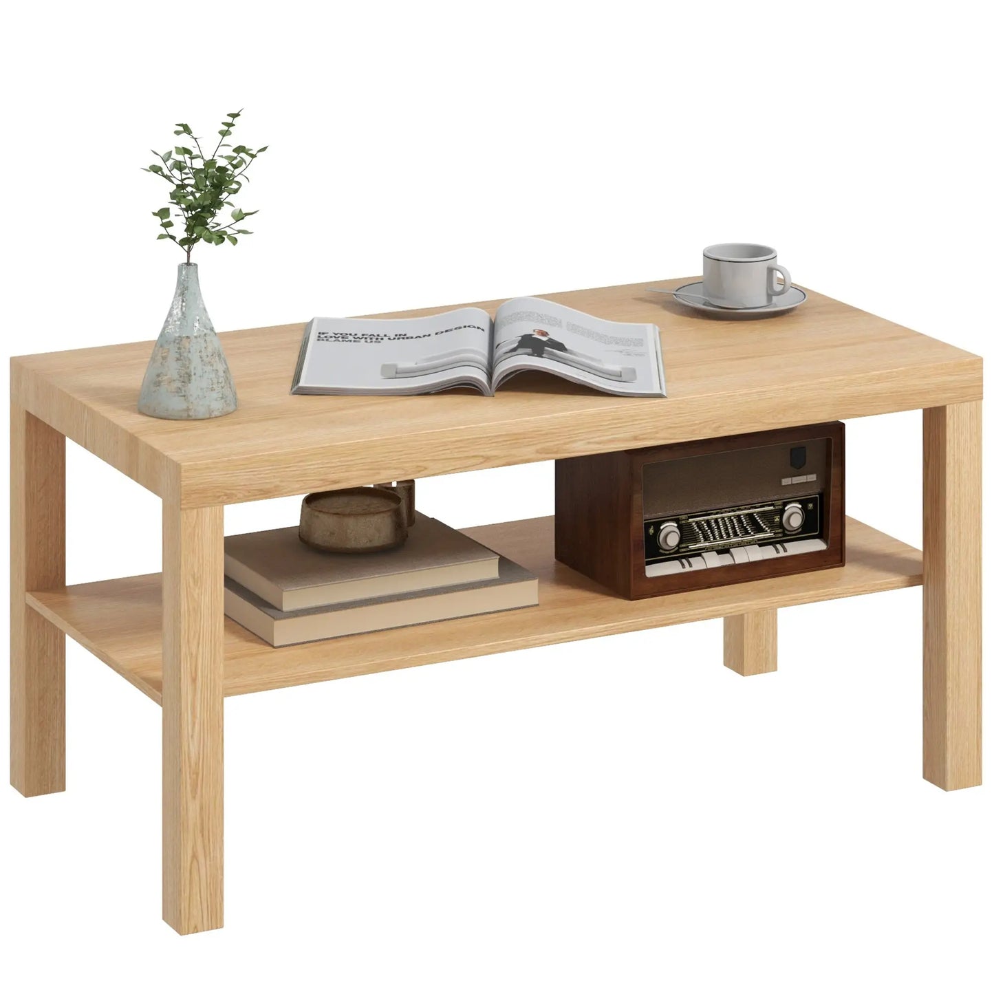 Wooden 90cm Natural Finish Rectangular Coffee Table with Bottom Shelf