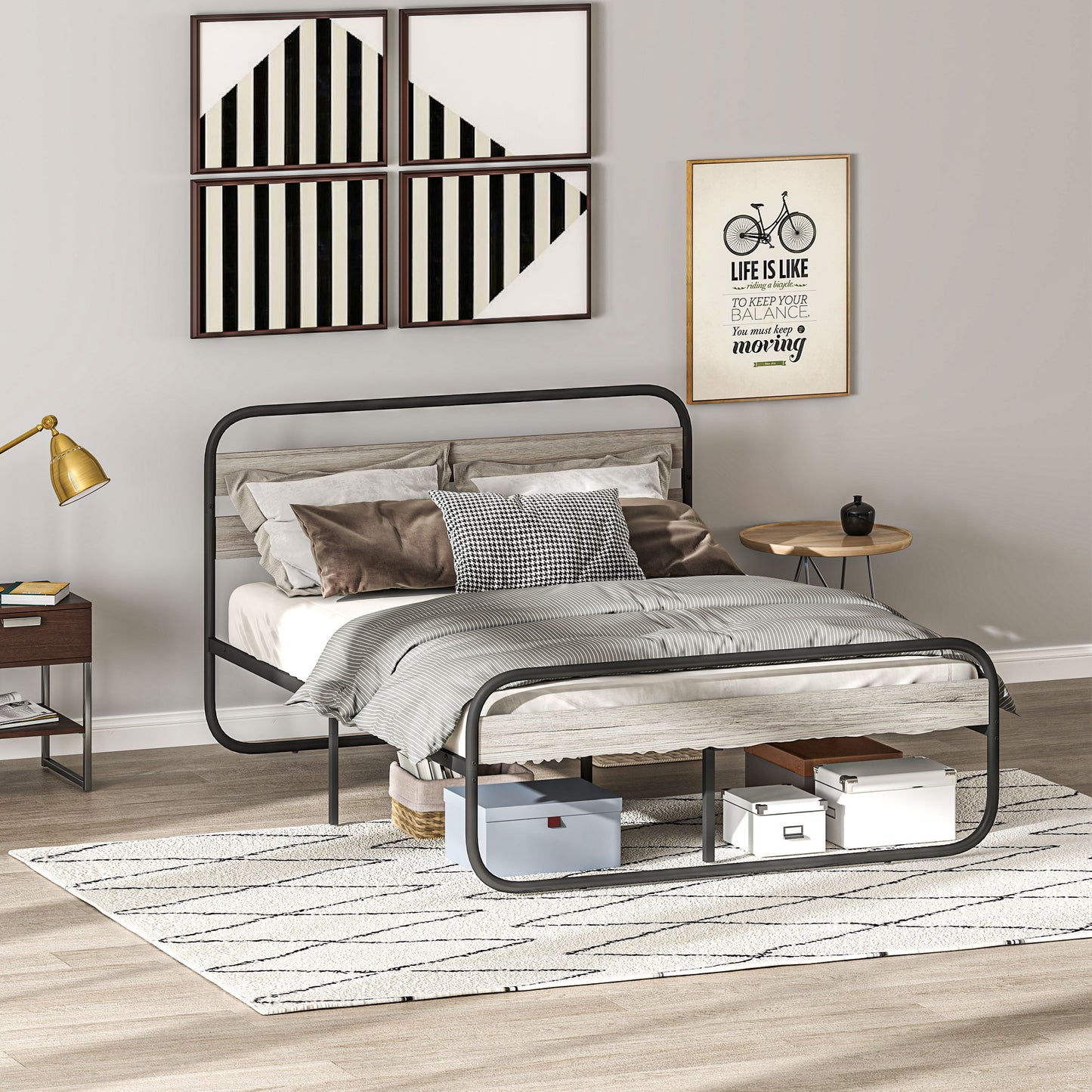 Cozine 4FT6 Grey and Black Metal Industrial Double Platform Bed Frame