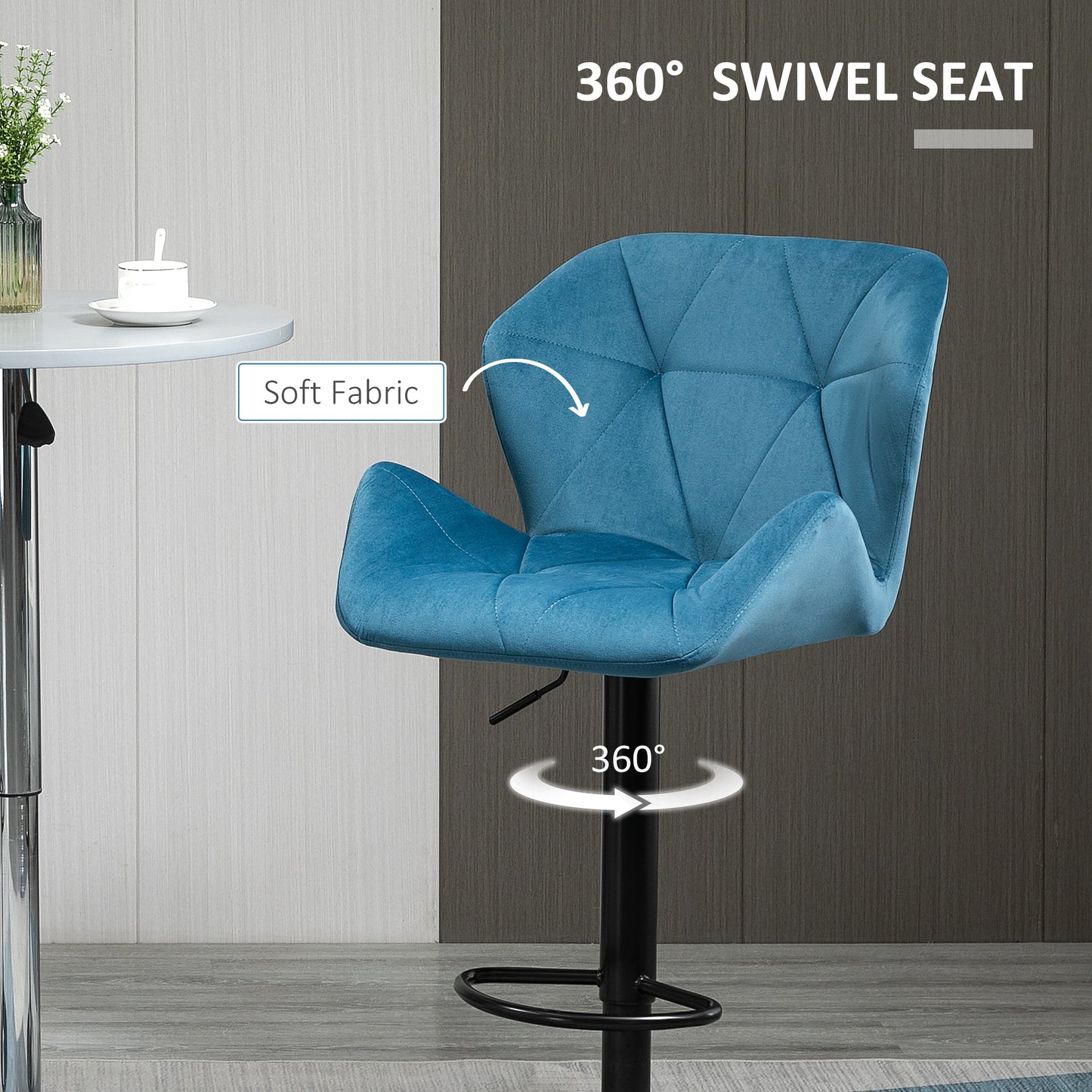 Rottira Velvet Blue Adjustable Swivel Bar Stools Set Of 2 With Sculpted Seat And Footrest