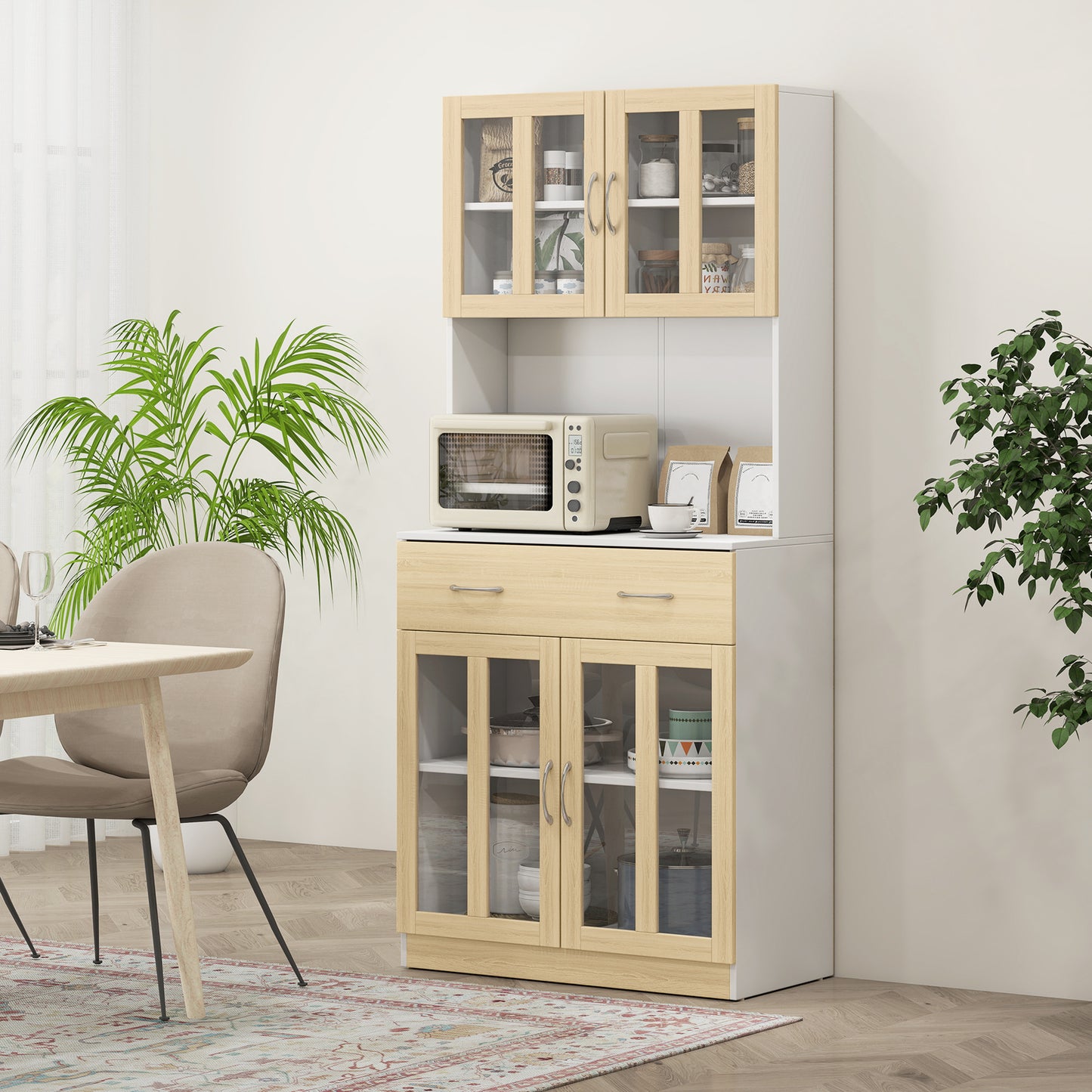 Vefaso Wooden White Tall Kitchen Hutch With Central Drawer Glass Door Cabinets And Countertop 180 cm