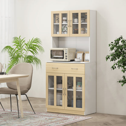 Vefaso Wooden White Tall Kitchen Hutch With Central Drawer Glass Door Cabinets And Countertop 180 cm