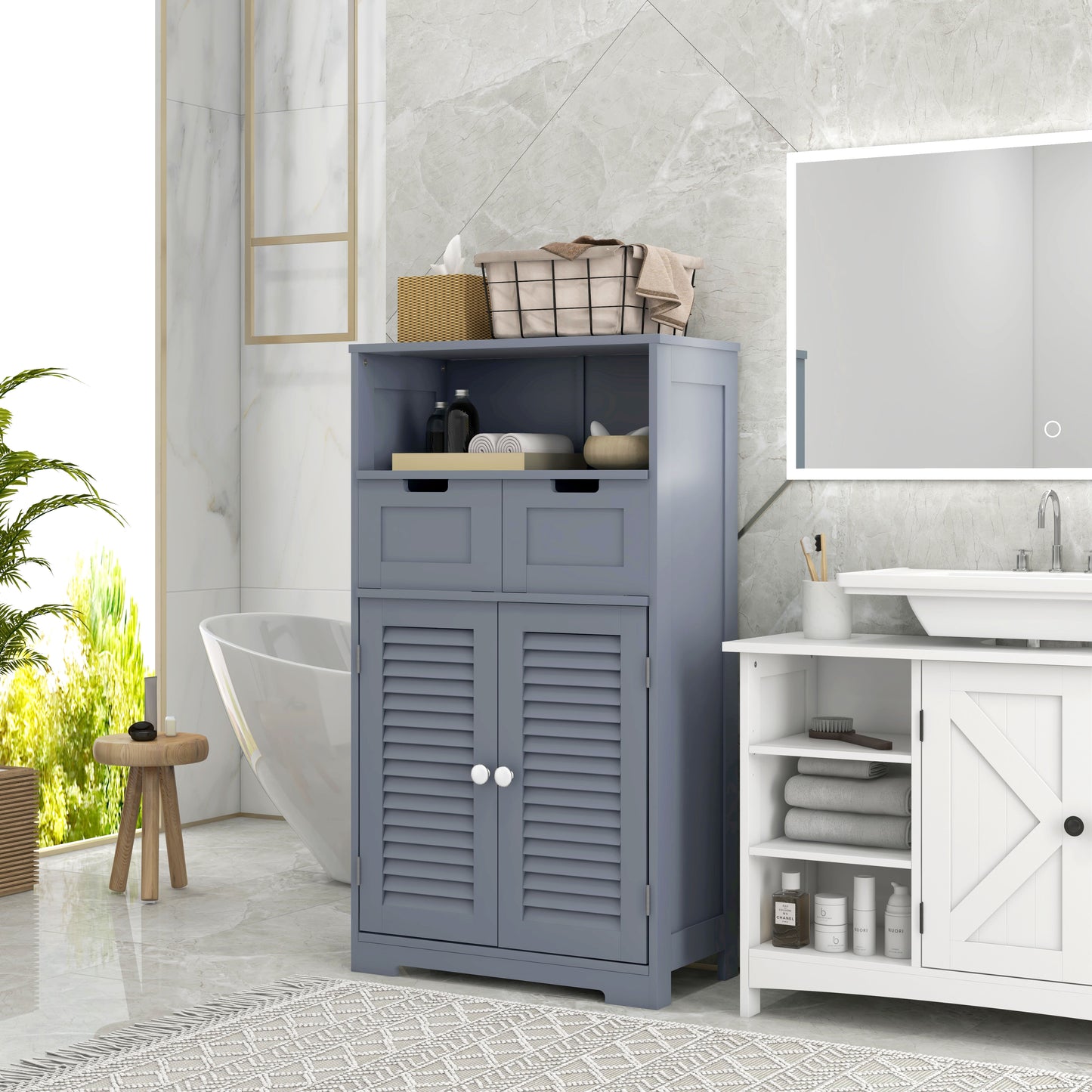Tono 3 Section Bathroom Storage Unit With Shelves Drawers And Cupboard Grey