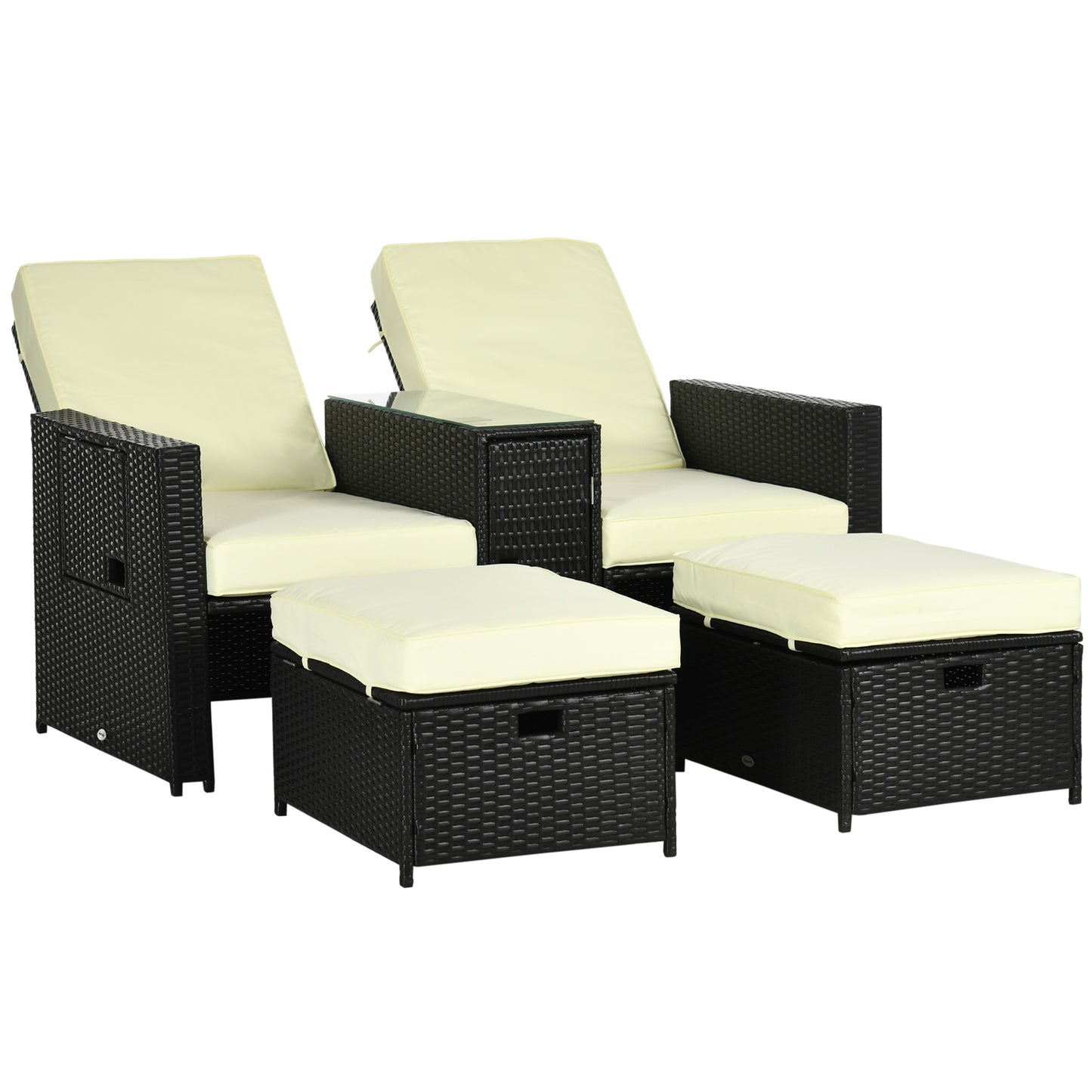 Niludo Faux Rattan Black and Cream 5 Piece Adjustable Sun Lounger Set With Storage Table And Footstools