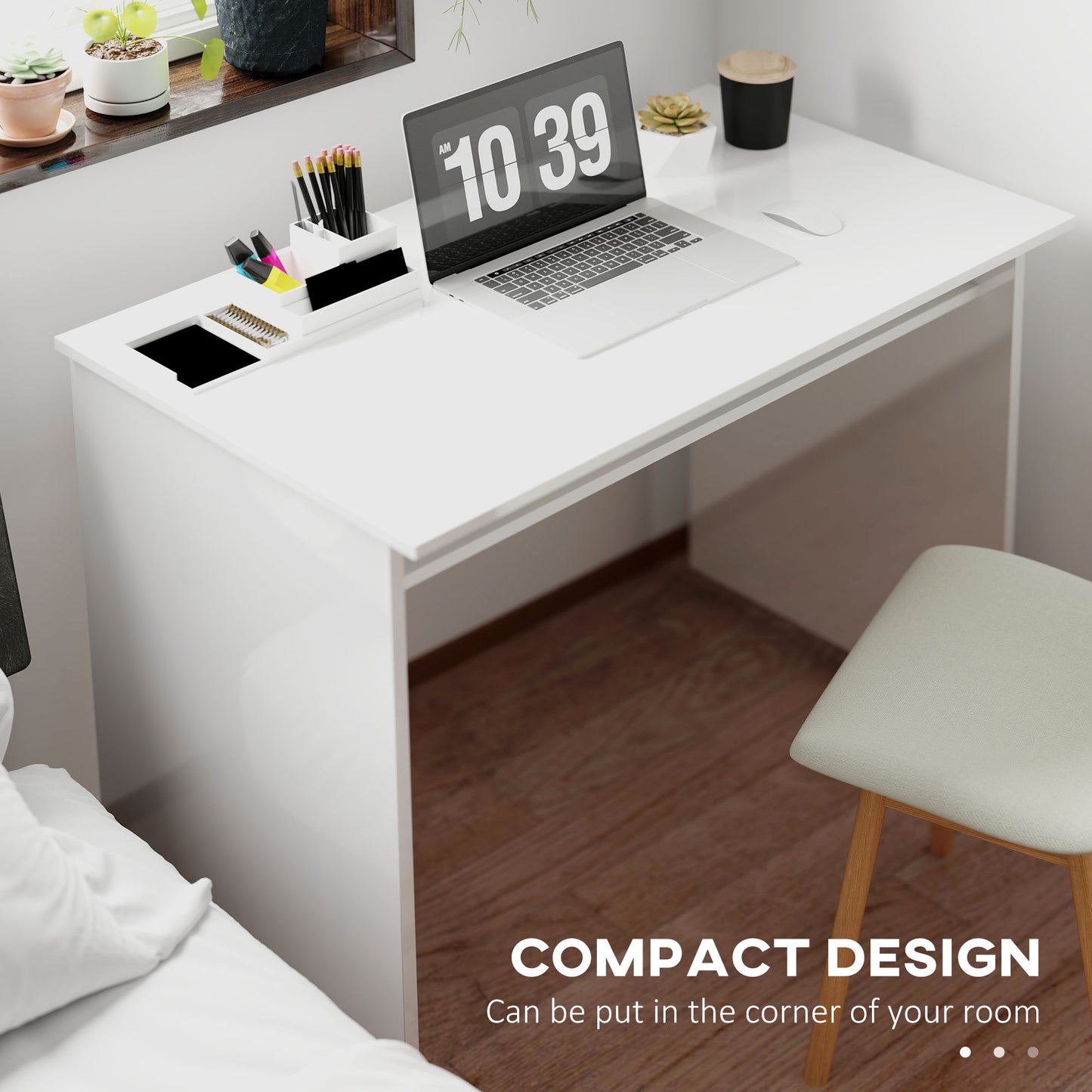 Selu 90cm High Gloss White Compact Study Desk With Storage Shelf