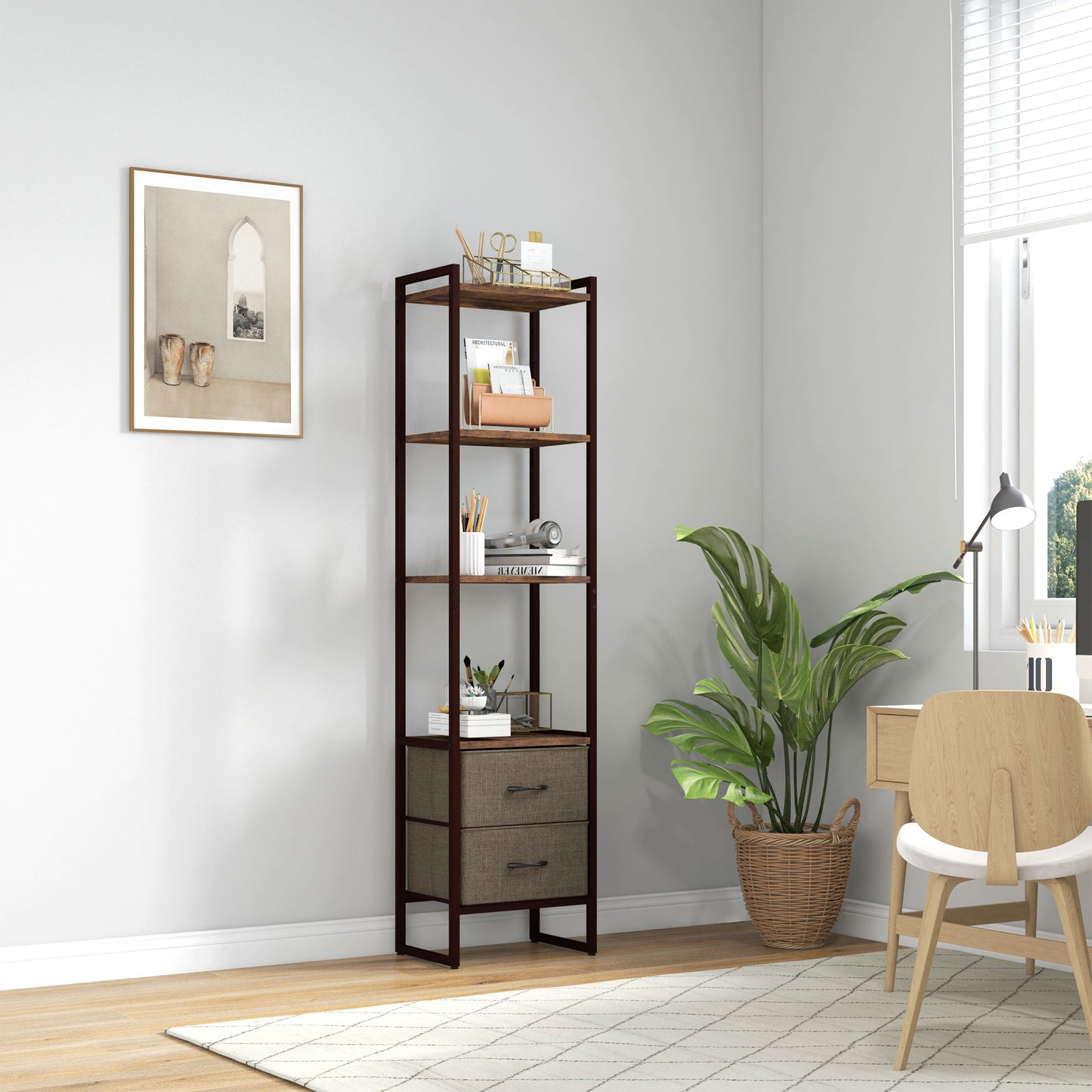Lufa Metal And Wood Industrial 4 Tier Display Shelf With Lower Drawers
