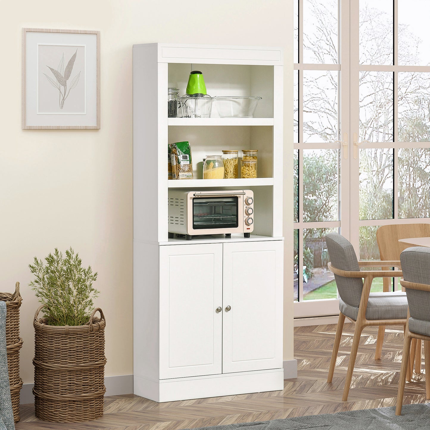 Kala Wooden White 6 Tier Freestanding Kitchen Cupboard With OFauxn Compartments And Double Doors
