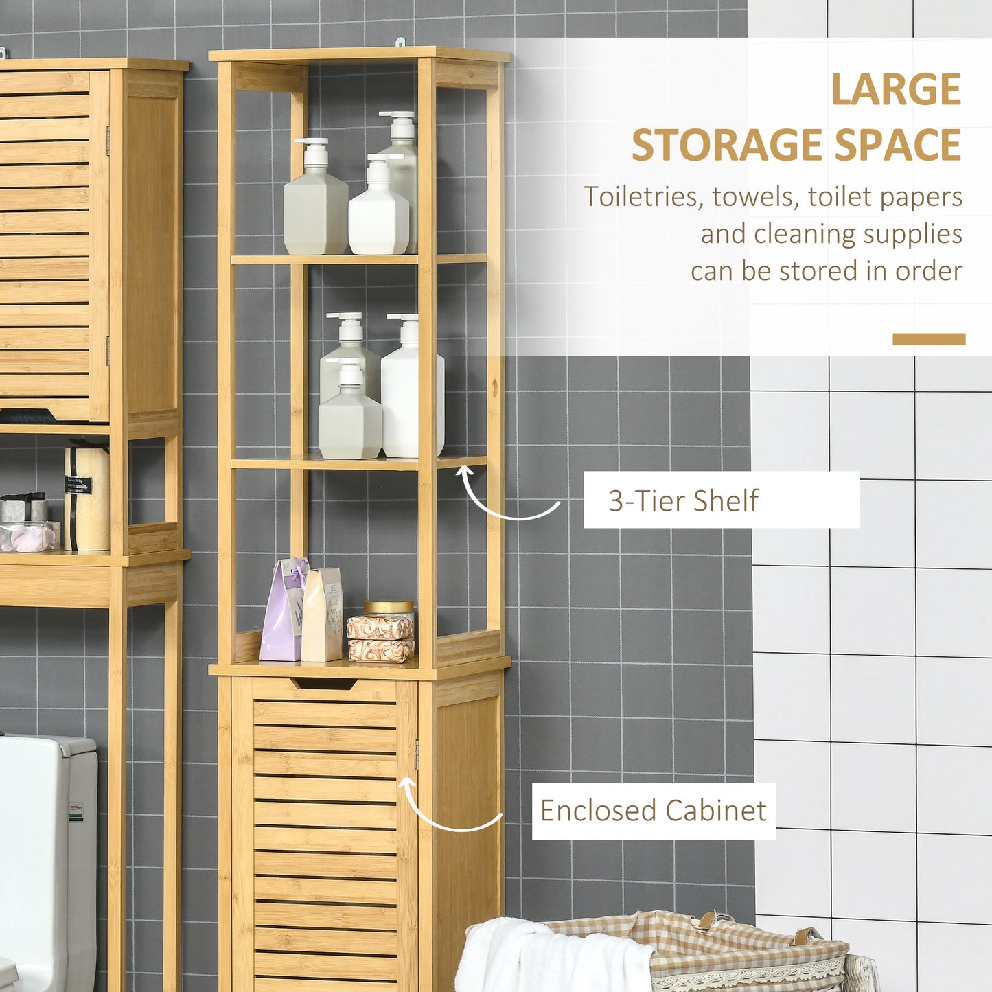 Rolema Tall Slim Bamboo Bathroom Storage Cabinet With 3 Tier Shelving Natural Finish