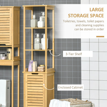 Rolema Tall Slim Bamboo Bathroom Storage Cabinet With 3 Tier Shelving Natural Finish