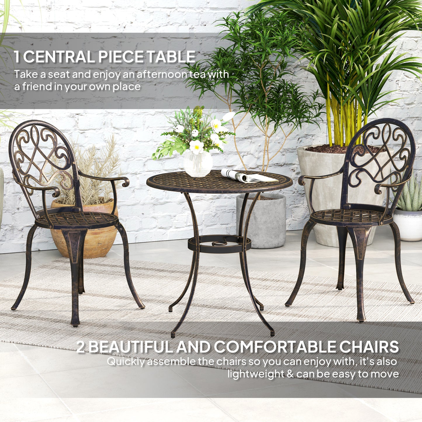 Ziraro Aluminium Bronze Tone 3 Piece Elegant Garden Bistro Set