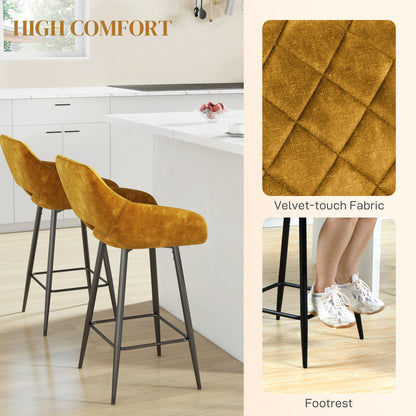 Fadole Velvet Gold Mustard Bar Stools Set Of 2 With Soft Touch Upholstery And Footrests
