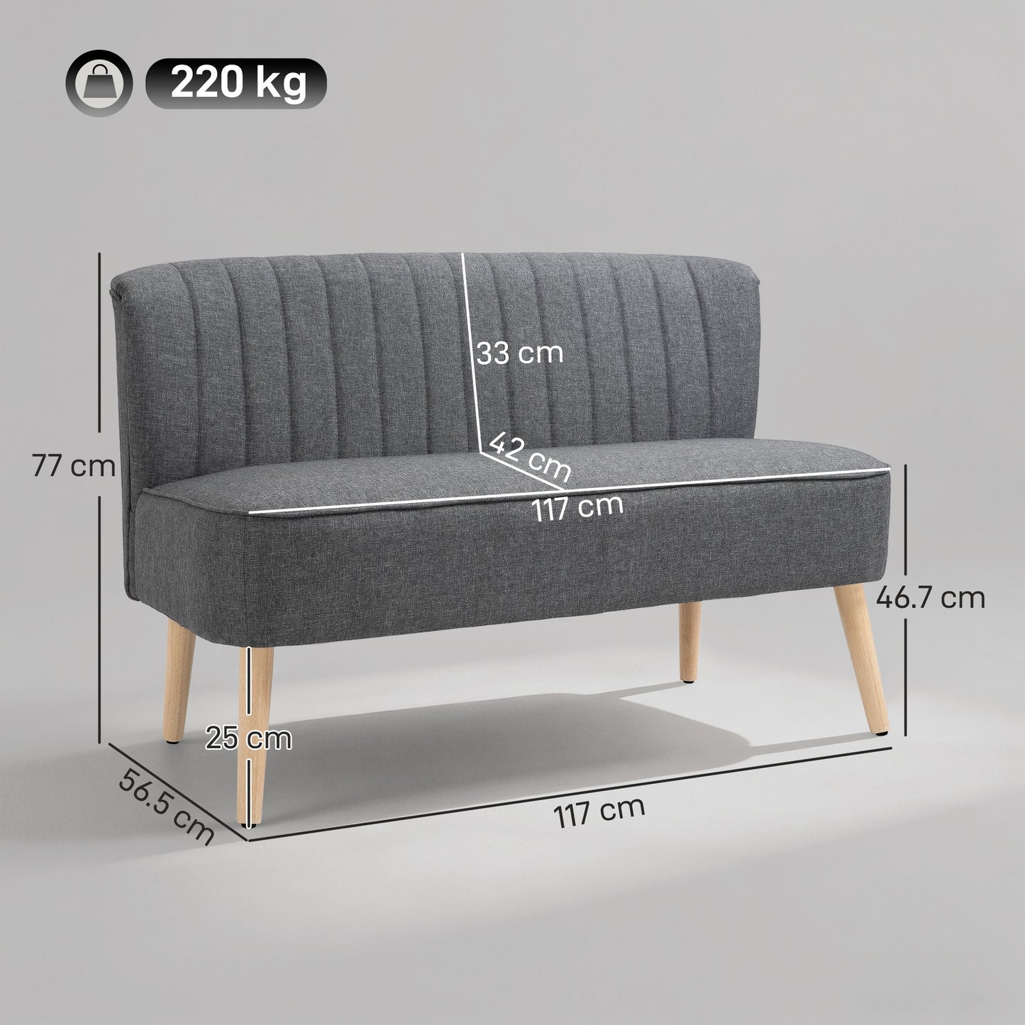 Coliba Fabric Grey Compact 2 Seater Sofa With Padded Seat And Wooden Legs