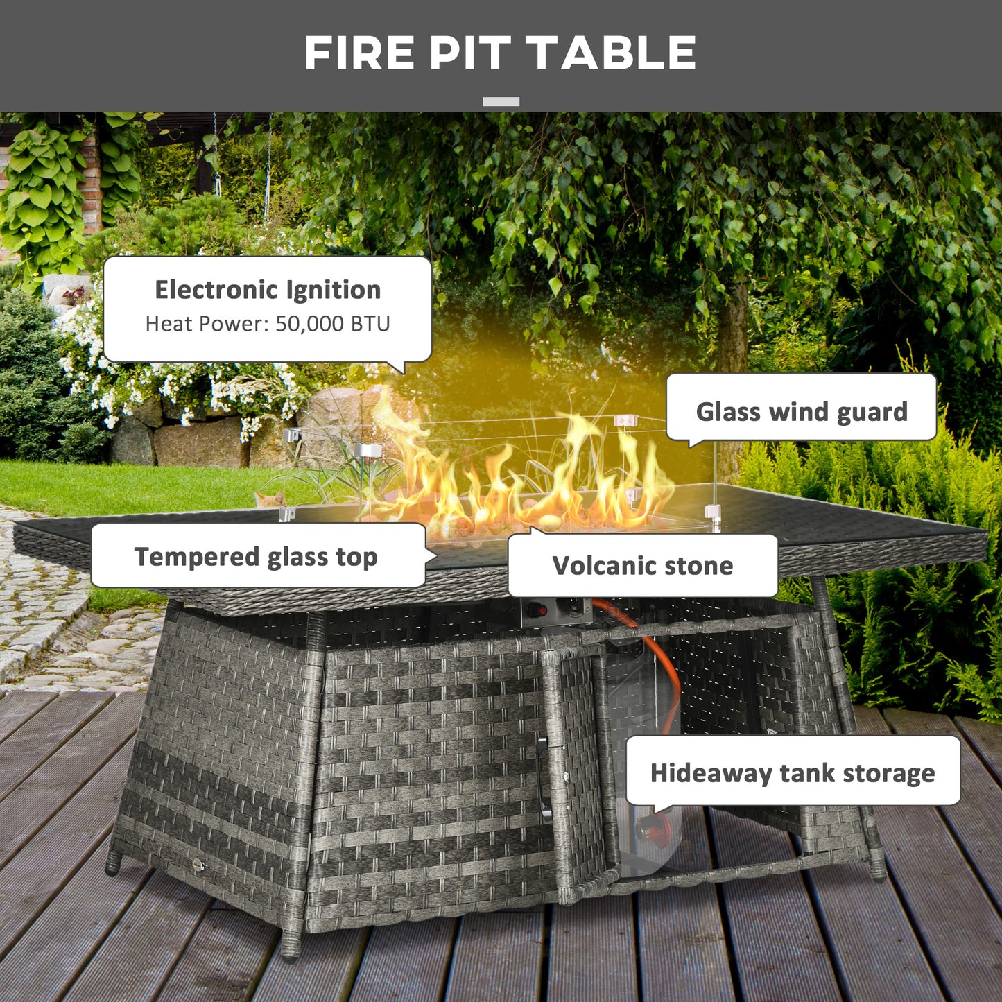 Virire Faux Rattan Grey 9 Seater Garden Sofa Set With Integrated Fire Pit Table