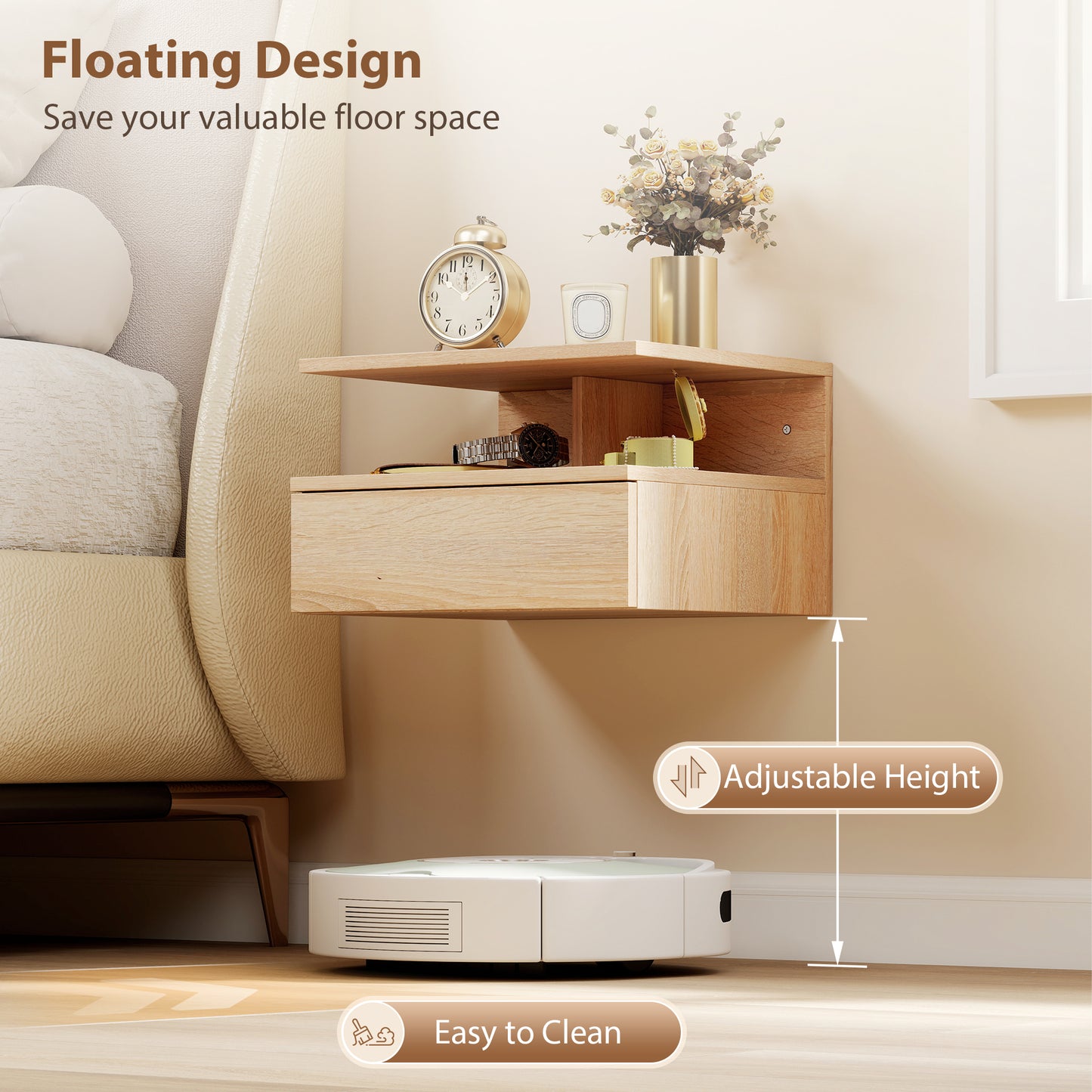 Vesopa Set Of 2 Natural Wood Floating Bedside Tables Wall Mounted