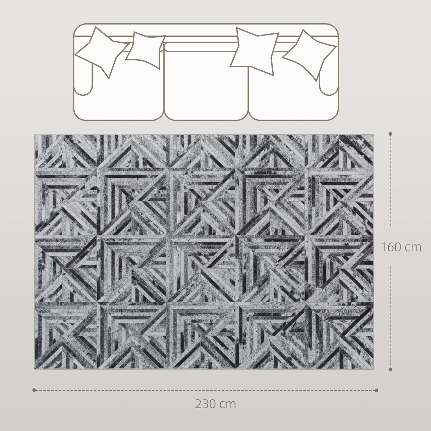 Yolura Lara Chenille Black Triangle Pattern Non Slip Washable Rug 230 x 160 cm