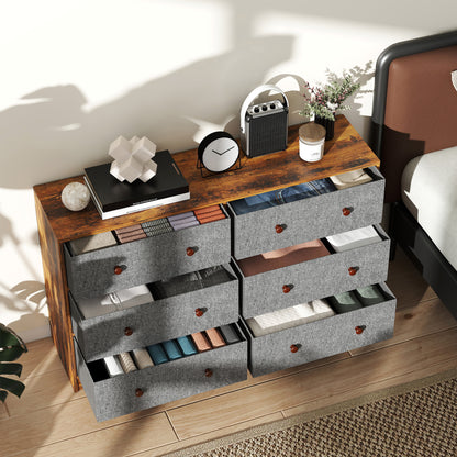 Sanovi Fabric And Wood Grey And Rustic Brown 6 Drawer Storage Dresser