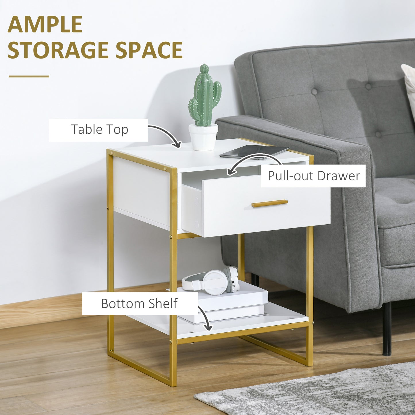 Fimase Set Of 2 Wooden White Bedside Tables With Drawer And Shelf